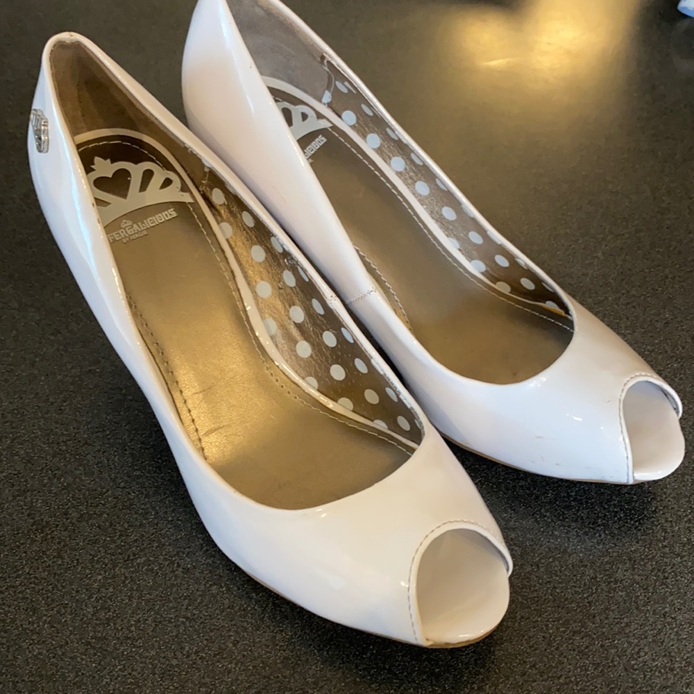 White patent open toe pumps